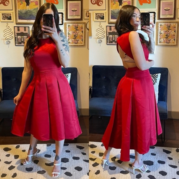 Lulus Red A-Line Open Back Fit & Flare Midi Dress - Picture 1 of 10
